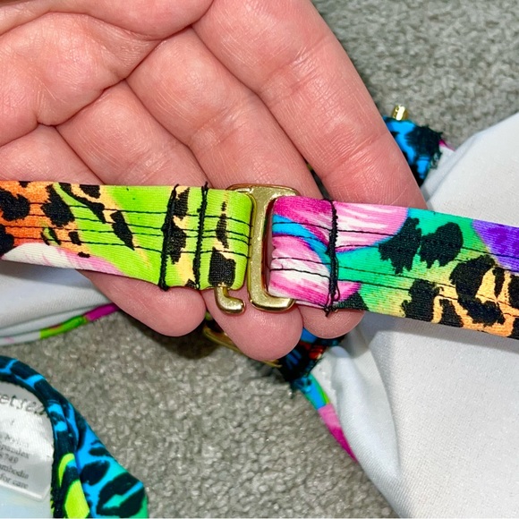 L VTG Wet Seal Rainbow Neon Tropical Floral Animal Print Bandeau Bikini Swimsuit - Picture 8 of 8